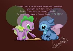 Size: 1500x1061 | Tagged: safe, artist:leanrb, spike, g4, book, lilo and stitch, reading, signature, stitch