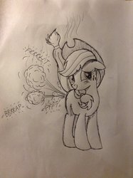 Size: 1024x1371 | Tagged: dead source, safe, artist:elbow456, applejack, g4, blushing, embarrassed, fart, fart cloud, fart noise, female, floppy ears, monochrome, raised tail, smiling, solo