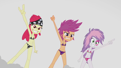 Size: 1920x1080 | Tagged: safe, edit, apple bloom, scootaloo, sweetie belle, human, equestria girls, g4, my little pony equestria girls: rainbow rocks, belly button, bikini, clothes, cutie mark crusaders, female, panties, smoke, swimsuit, swimsuit edit, underwear