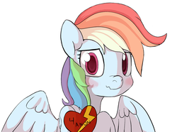 Size: 1151x857 | Tagged: safe, artist:yoditax, rainbow dash, oc, pegasus, pony, g4, blushing, canon x oc, female, heart, implied anon, mare, shipping, simple background, solo