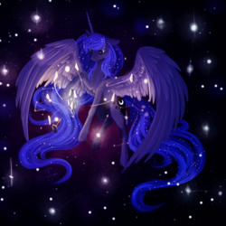 Size: 5000x5000 | Tagged: safe, artist:dalagar, princess luna, alicorn, pony, g4, absurd resolution, female, glowing, looking at something, mare, solo, space, spread wings, wings