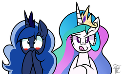 Size: 1133x686 | Tagged: dead source, safe, artist:php92, princess celestia, princess luna, pony, g4, :t, bedroom eyes, blushing, licking lips, nose wrinkle, raised eyebrow, reaction image, simple background, smiling, smirk, surprised, tongue out, varying degrees of want, wide eyes