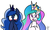 Size: 1133x686 | Tagged: dead source, safe, artist:php92, princess celestia, princess luna, pony, g4, :t, bedroom eyes, blushing, licking lips, nose wrinkle, raised eyebrow, reaction image, simple background, smiling, smirk, surprised, tongue out, varying degrees of want, wide eyes