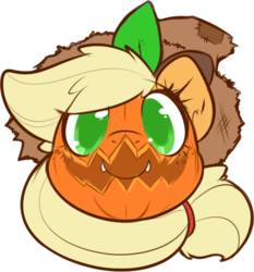 Size: 532x571 | Tagged: safe, artist:0r0ch1, applejack, g4, applejack-o-lantern, cute, female, jack-o-lantern, jackabetes, looking at you, mask, pumpkin, pumpkin head, pumpkinjack, pun, scarecrow, simple background, smiling, solo, transparent background