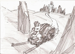 Size: 2338x1700 | Tagged: safe, artist:a2, shining armor, pony, unicorn, g4, crystal, crystal empire, male, monochrome, scooter, sky, snow, solo, tail, traditional art, windswept mane, windswept tail
