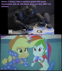 Size: 854x981 | Tagged: safe, applejack, rainbow dash, equestria girls, g4, my little pony equestria girls: rainbow rocks, arbiter, arby n the chief, couch, crossover, halo (series), video game, xbox 360