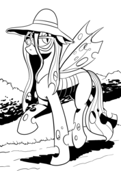Size: 1169x1653 | Tagged: safe, artist:darkhestur, queen chrysalis, changeling, changeling queen, g4, black and white, female, grayscale, hat, lineart, monochrome, solo, sun hat, sunglasses