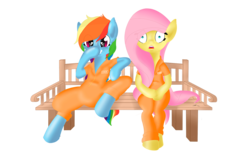 Size: 1200x750 | Tagged: safe, artist:saddnesspony, fluttershy, rainbow dash, pegasus, pony, g4, clothes, duo, female, jumpsuit, mare, prison outfit