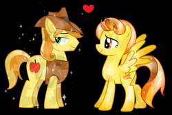 Size: 1024x689 | Tagged: safe, artist:3d4d, braeburn, spitfire, crystal pony, pony, g4, alternate hairstyle, clothes, cowboy hat, crystallized, female, hat, heart, male, shipping, show accurate, spitburn, straight