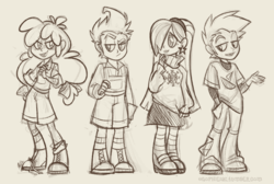 Size: 900x606 | Tagged: safe, artist:egophiliac, clipper (g1), pound cake, powder, pumpkin cake, slice of pony life, equestria girls, g1, g4, equestria girls-ified, gravity falls, humanized, male, monochrome, older, sketch