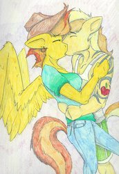 Size: 741x1079 | Tagged: safe, artist:spark-theory, braeburn, spitfire, earth pony, pegasus, anthro, g4, drawing, duo, eyes closed, female, kiss on the lips, kissing, male, shipping, spitburn, straight, traditional art