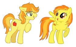 Size: 1024x638 | Tagged: safe, artist:3d4d, braeburn, spitfire, pegasus, pony, g4, female, looking at each other, looking at someone, male, shipping, show accurate, simple background, spitburn, straight
