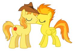 Size: 1024x694 | Tagged: safe, artist:3d4d, braeburn, spitfire, earth pony, pegasus, pony, g4, cowboy hat, duo, eyes closed, female, hat, kiss on the lips, kissing, male, shipping, show accurate, simple background, spitburn, straight, white background