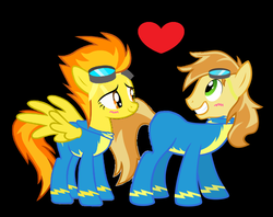 Size: 1004x795 | Tagged: safe, artist:3d4d, braeburn, spitfire, earth pony, pegasus, pony, g4, blushing, female, goggles, heart, male, shipping, show accurate, spitburn, straight, wonderbolts uniform