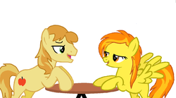 Size: 1024x571 | Tagged: safe, artist:3d4d, braeburn, spitfire, earth pony, pegasus, pony, g4, alternate hairstyle, female, looking at each other, looking at someone, male, shipping, show accurate, spitburn, straight, table