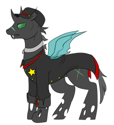 Size: 640x700 | Tagged: safe, artist:icysoul777, oc, oc only, oc:barium, changeling, cap, clothes, collar, green changeling, hat, scar, solo, uniform