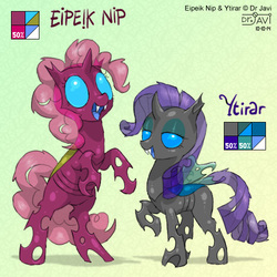 Size: 500x500 | Tagged: safe, artist:drjavi, pinkie pie, rarity, oc, oc:eipeik nip, oc:ytirar, changeling, g4, changelingified, pink changeling