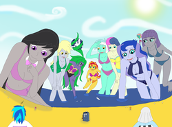 Size: 3108x2297 | Tagged: safe, artist:final7darkness, bon bon, derpy hooves, dj pon-3, doctor whooves, lyra heartstrings, mane-iac, maud pie, octavia melody, photo finish, pinkie pie, princess luna, sunset shimmer, sweetie drops, time turner, vice principal luna, vinyl scratch, equestria girls, g4, beach, belly button, big bon, bikini, bowtie, clothes, electro orb, equestria girls-ified, giantess, high res, macro, request, requested art, swimsuit, tardis