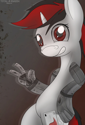 Size: 1500x2215 | Tagged: safe, artist:allyster-black, oc, oc only, oc:blackjack, cyborg, pony, unicorn, fallout equestria, fallout equestria: project horizons, amputee, cybernetic legs, female, fingers, level 1 (project horizons), peace sign, solo