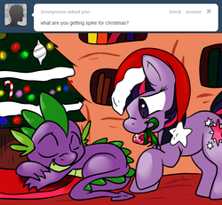 Size: 650x600 | Tagged: safe, artist:lustrous-dreams, spike, twilight sparkle, ask filly twilight, g4, ask, christmas, christmas tree, filly, gem, hat, mouth hold, present, santa hat, sleeping, spikelove, tree, tumblr, younger
