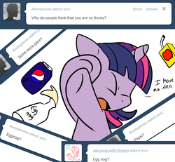 Size: 650x600 | Tagged: safe, artist:lustrous-dreams, twilight sparkle, ask filly twilight, ask, can, drink, eggnog, eyes closed, female, filly, juice box, pepsi, solo, tumblr, younger