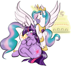 Size: 2267x2011 | Tagged: safe, artist:mad'n evil, princess celestia, twilight sparkle, alicorn, pony, g4, belly, blushing, cake, cellulight, donut, fat, feeder, feeding, female, flank, food, high res, lesbian, magic, ship:twilestia, shipping, simple background, spread wings, strawberry, telekinesis, thighlight sparkle, transparent background, twilard sparkle, twilight sparkle (alicorn), weight gain, wings