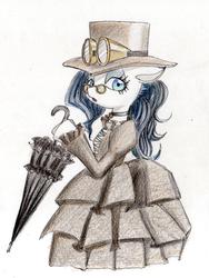 Size: 750x1000 | Tagged: dead source, safe, artist:unousaya, rarity, pony, semi-anthro, g4, arm hooves, bipedal, clothes, dress, female, goggles, hat, solo, top hat, traditional art, umbrella