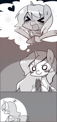 Size: 560x1209 | Tagged: safe, artist:gyaheung, princess celestia, princess luna, alicorn, pony, g4, ><, blushing, cewestia, clothes, eyes closed, filly, heart, knitting, monochrome, scarf, sweat, thought bubble, woona, xd