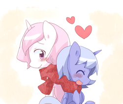 Size: 560x472 | Tagged: safe, artist:gyaheung, princess celestia, princess luna, alicorn, pony, g4, blushing, cewestia, clothes, cute, duo, eyes closed, filly, heart, open mouth, scarf, shared clothing, shared scarf, smiling, woona