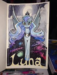 Size: 768x1024 | Tagged: safe, artist:andypriceart, princess luna, g4, female, moon, smiling, solo, space, spread wings, traditional art