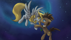 Size: 2400x1350 | Tagged: safe, artist:ardail, derpy hooves, doctor whooves, time turner, pegasus, pony, g4, crying, female, floppy ears, halo, mare, night, stars
