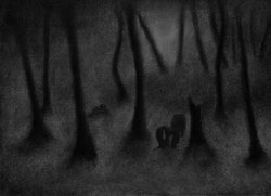 Size: 6992x5072 | Tagged: safe, artist:yomilbert, fluttershy, g4, absurd resolution, charcoal (medium), female, grayscale, monochrome, silhouette, solo, traditional art, tree