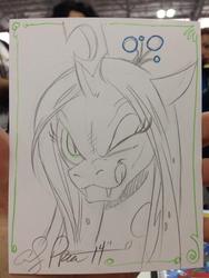 Size: 768x1024 | Tagged: safe, artist:andy price, queen chrysalis, g4, :p, female, licking lips, monochrome, sketch, solo, traditional art, wink