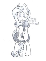 Size: 1024x1366 | Tagged: safe, artist:cyanyeh, fluttershy, pegasus, pony, g4, bipedal, black and white, blushing, clothes, collar, cute, female, grayscale, leash, maid, monochrome, pet play, solo
