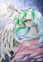 Size: 2986x4302 | Tagged: safe, artist:ablm, princess celestia, g4, crying, female, mare in the moon, moon, sad, solo, traditional art