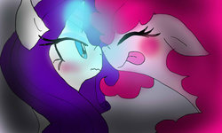 Size: 1024x614 | Tagged: safe, artist:martapd2, pinkie pie, rarity, g4, :p, blushing, boop, cute, dark, eyes closed, female, floppy ears, illuminated, lesbian, magic, nose wrinkle, noseboop, ship:raripie, shipping, smiling, tongue out, wavy mouth