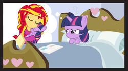 Size: 1050x584 | Tagged: safe, artist:dm29, sunset shimmer, twilight sparkle, human, pony, unicorn, equestria girls, g4, bed, cuddling, cute, filly, filly twilight sparkle, julian yeo is trying to murder us, mama sunset, meme, shimmerbetes, snuggling, twiabetes