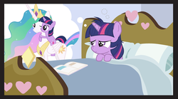 Size: 1050x584 | Tagged: safe, artist:dm29, princess celestia, twilight sparkle, g4, bed, cute, duo, filly, filly twilight sparkle, julian yeo is trying to murder us, meme, momlestia, ponies riding ponies, riding, twiabetes, twilight riding celestia