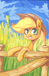 Size: 797x1231 | Tagged: safe, artist:lexx2dot0, applejack, g4, bipedal leaning, female, fence, gouache, smiling, solo, traditional art