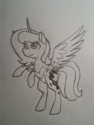 Size: 667x889 | Tagged: safe, artist:breadcipher, princess luna, pony, lunadoodle, g4, bipedal, cute, female, filly, monochrome, pencil drawing, s1 luna, sketch, smiling, solo, spread wings, traditional art, woona