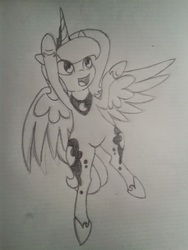 Size: 667x889 | Tagged: safe, artist:breadcipher, princess luna, lunadoodle, g4, cute, female, filly, flying, happy, monochrome, pencil drawing, s1 luna, sketch, solo, traditional art, woona