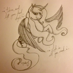 Size: 1278x1280 | Tagged: safe, artist:midnightsix3, princess luna, pony, lunadoodle, g4, bipedal, female, looking at you, monochrome, pencil drawing, quote, sketch, smiling, solo, spread wings, traditional art