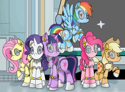 Size: 1280x943 | Tagged: safe, artist:mistydash, applejack, fluttershy, pinkie pie, rainbow dash, rarity, twilight sparkle, earth pony, pegasus, pony, robot, robot pony, unicorn, applebot, cutie mark, female, flutterbot, flying, hat, hooves, horn, mane six, mare, mouthless, nightmare fuel, pinkie bot, rainbot dash, raribot, roboticization, robots, spread wings, twibot, wings