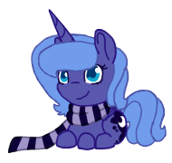 Size: 190x180 | Tagged: safe, artist:breadcipher, princess luna, lunadoodle, g4, clothes, cute, female, filly, looking at you, prone, s1 luna, scarf, simple background, smiling, solo, transparent background, woona