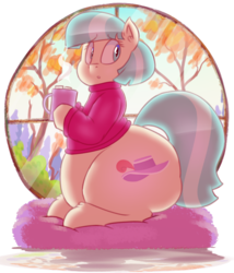Size: 629x734 | Tagged: dead source, safe, artist:secretgoombaman12345, coco pommel, earth pony, pony, art pack:fatty autumn art pony pack, g4, :o, autumn, clothes, coco pudge, fat, female, hot chocolate, mare, obese, open mouth, sitting, solo, sweater, window