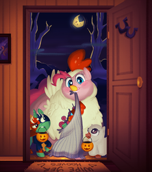 Size: 4000x4497 | Tagged: safe, artist:mellowhen, pinkie pie, steven magnet, chicken, ghost, pony, unicorn, art pack:fatty autumn art pony pack, g4, animal costume, bedsheet ghost, candy, chicken pie, chicken suit, chubby cheeks, clothes, colt, costume, door, doormat, fat, filly, framed picture, halloween, moon, morbidly obese, mouth hold, nightmare night, obese, picture, piggy pie, pudgy pie, pumpkin bucket, smiling, smugdash, tree, trick or treat, wrestler