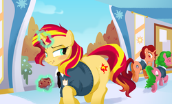 Size: 4000x2436 | Tagged: safe, artist:mellowhen, sunset shimmer, oc, pony, unicorn, belly, blushing, clothes, eating, fat, fatty autumn art pony pack, glare, hallway, high res, large butt, magic, messy eating, muffin, plot, princess celestia's school for gifted unicorns, school uniform, schoolgirl, show accurate, slobset shimmer, snickering, sweater, telekinesis, tree
