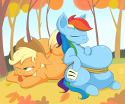 Size: 1796x1491 | Tagged: safe, artist:purple-yoshi-draws, applejack, rainbow dash, fall weather friends, applefat, autumn, belly, dock, fat, fatty autumn art pony pack, morbidly obese, obese, rainblob dash, rope, running of the leaves, sweat