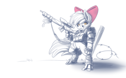 Size: 1172x720 | Tagged: safe, artist:pusspuss, apple bloom, cyborg, earth pony, anthro, unguligrade anthro, fanfic:night mares, g4, bandage, bipedal, fanfic, fanfic art, female, filly, gun, hooves, no trigger discipline, optical sight, rifle, scope, simple background, sniper rifle, solo, weapon, white background