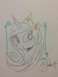 Size: 991x1322 | Tagged: safe, artist:andypriceart, princess celestia, g4, female, monochrome, portrait, sketch, smiling, solo, traditional art